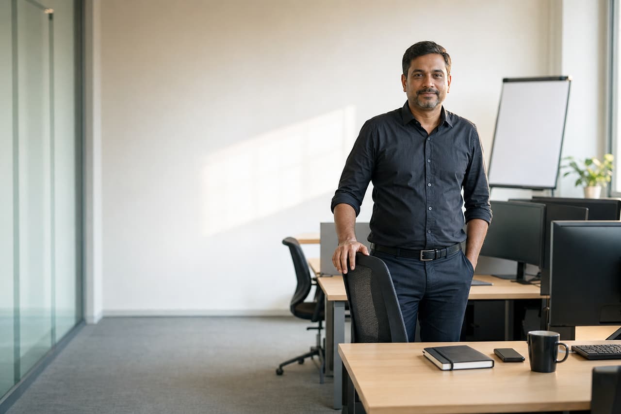 A practitioner beside his desk in an open-plan office